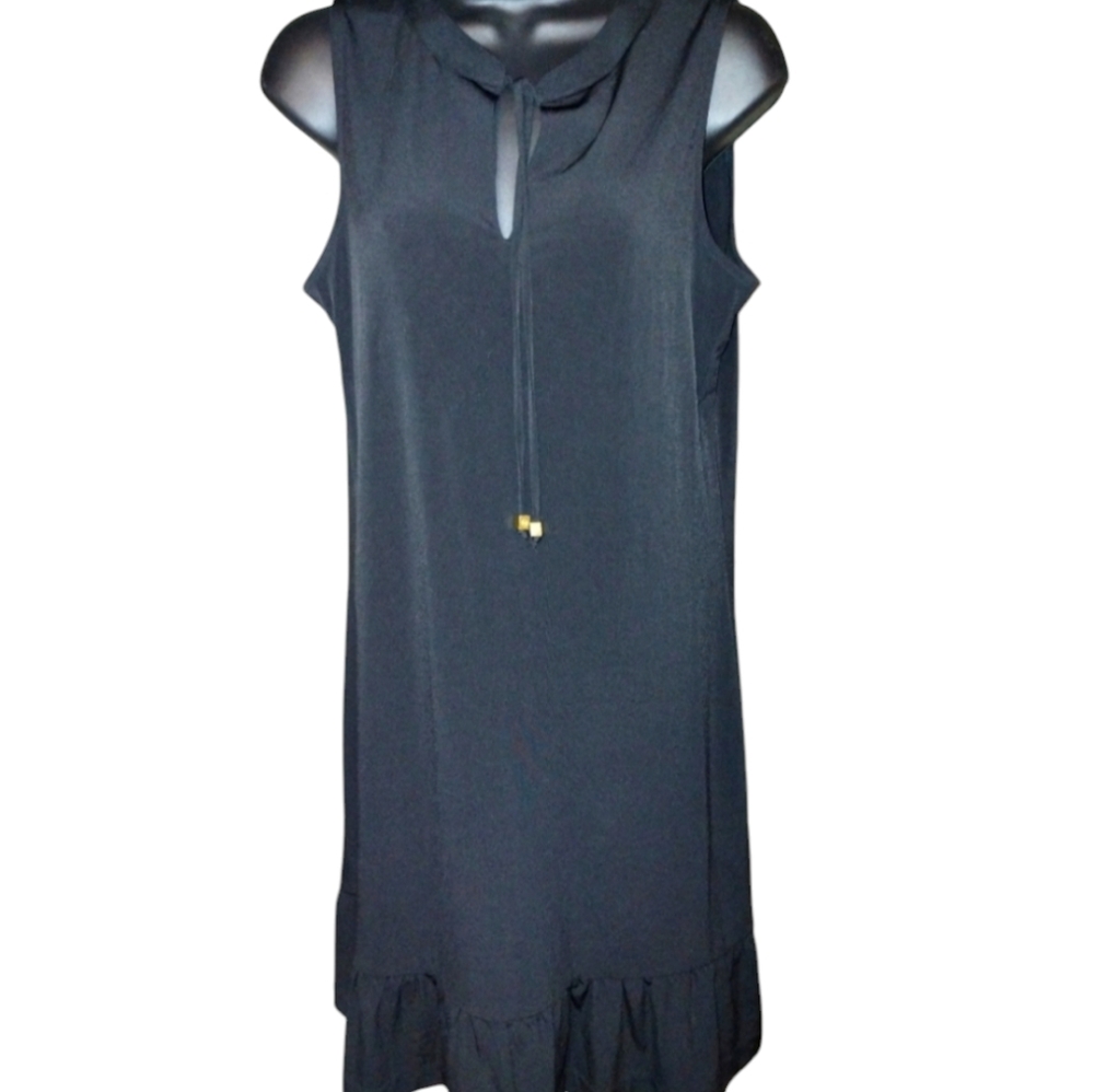 Michael Kors Retro Black shift dress, sleeveless, tie neck, ruffle hem, size S